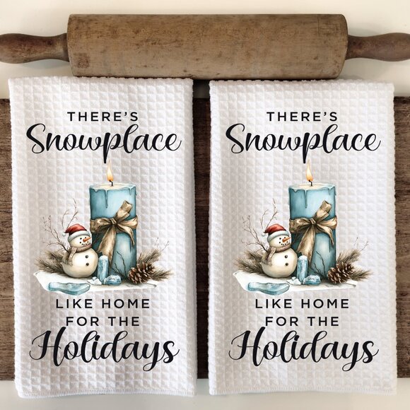 There's Snowplace Like Home Kitchen Towel, Holiday Candle & Snowman Design, - Picture 1 of 10